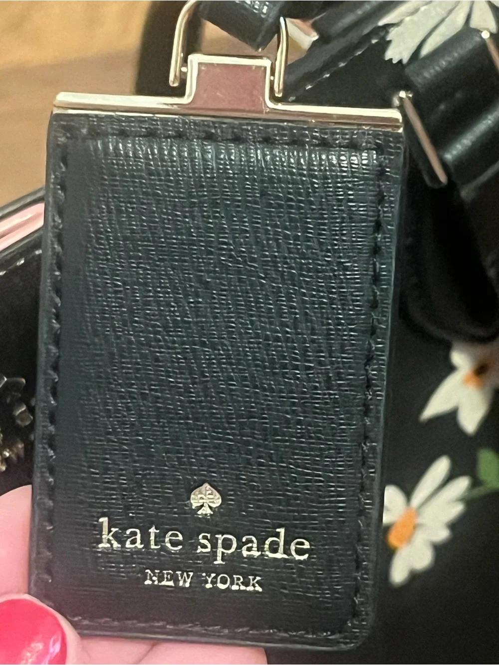 kate spade black floral print tote with pink and white blooms